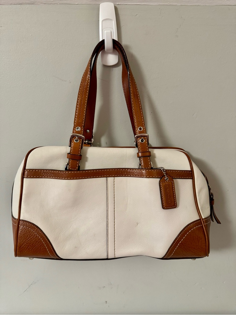 Coach Vintage Two-Tone White & Brown Leather Satchel Barrel Bag